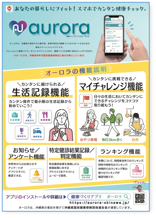 沖縄県国民健康保険団体連合会様 健康づくりアプリ「オーロラ」A4チラシ